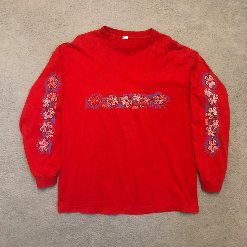 Vtg Y2K Hawaii Floral Long Sleeve T Shirt Red Alstyle XL Sleeve Hits
